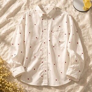 In February Button-Up Shirt Womens Size L White Oversized Red Heart Print
